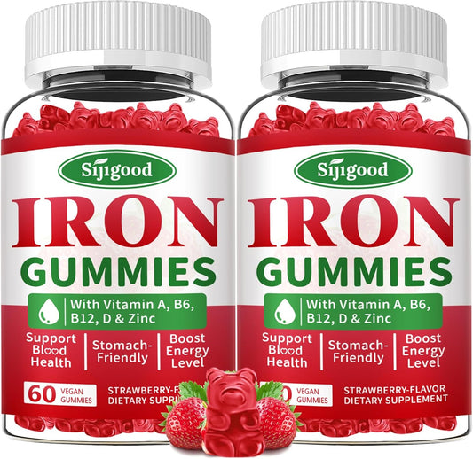 Vegan Iron Gummies with Vitamin B12 & C - Anemia Support for Women & Men, 2 Pack, 120 Count, Strawberry Flavor, Zinc & Folate, Sugar-Free Formula