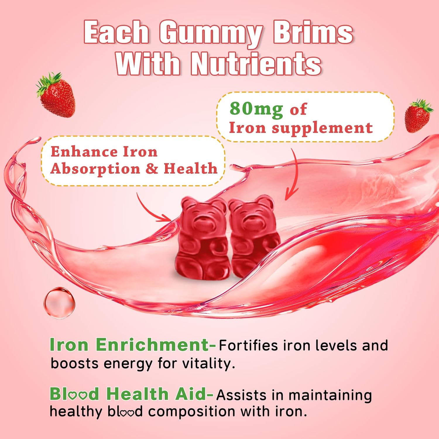 Vegan Iron Gummies with Vitamin B12 & C - Anemia Support for Women & Men, 2 Pack, 120 Count, Strawberry Flavor, Zinc & Folate, Sugar-Free Formula