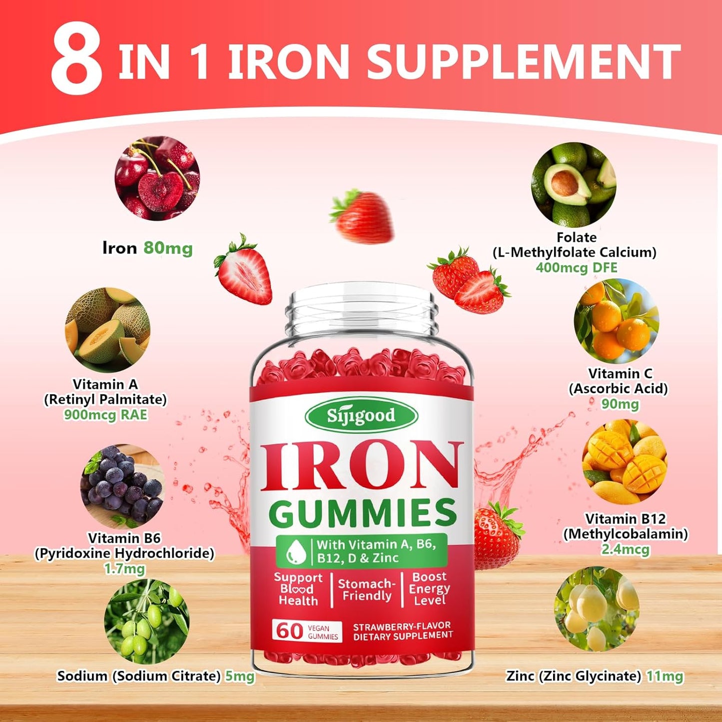 Vegan Iron Gummies with Vitamin B12 & C - Anemia Support for Women & Men, 2 Pack, 120 Count, Strawberry Flavor, Zinc & Folate, Sugar-Free Formula