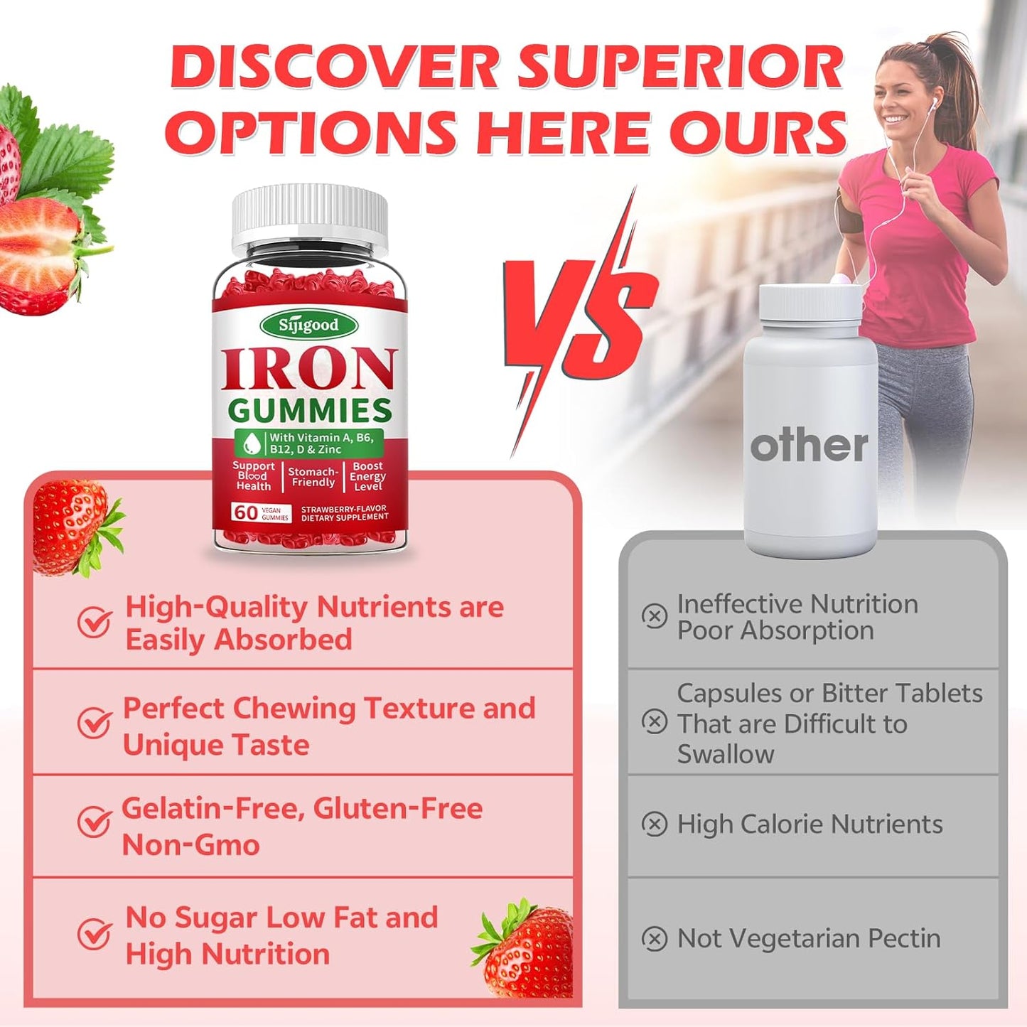 Vegan Iron Gummies with Vitamin B12 & C - Anemia Support for Women & Men, 2 Pack, 120 Count, Strawberry Flavor, Zinc & Folate, Sugar-Free Formula