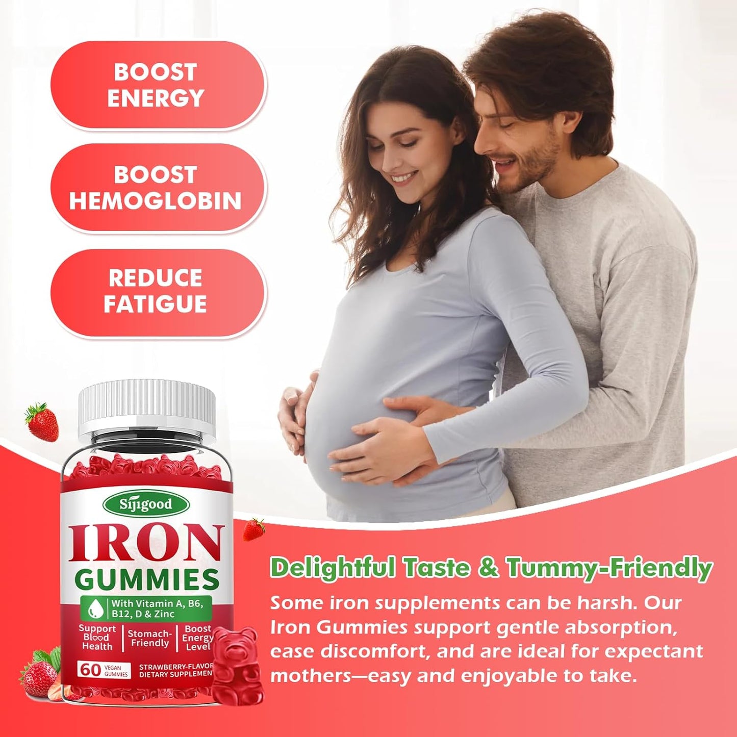 Vegan Iron Gummies with Vitamin B12 & C - Anemia Support for Women & Men, 2 Pack, 120 Count, Strawberry Flavor, Zinc & Folate, Sugar-Free Formula