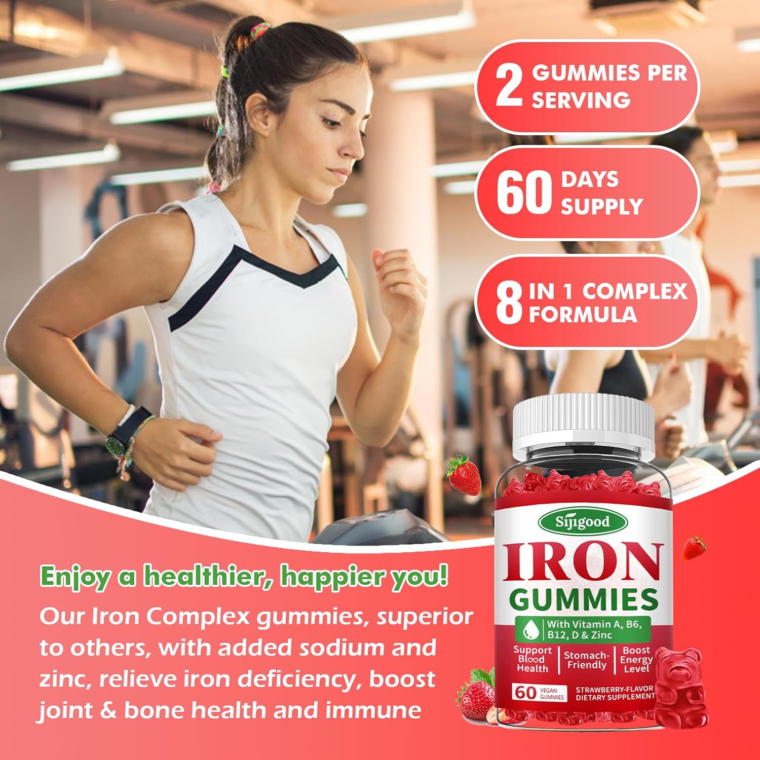 Vegan Iron Gummies with Vitamin B12 & C - Anemia Support for Women & Men, 2 Pack, 120 Count, Strawberry Flavor, Zinc & Folate, Sugar-Free Formula