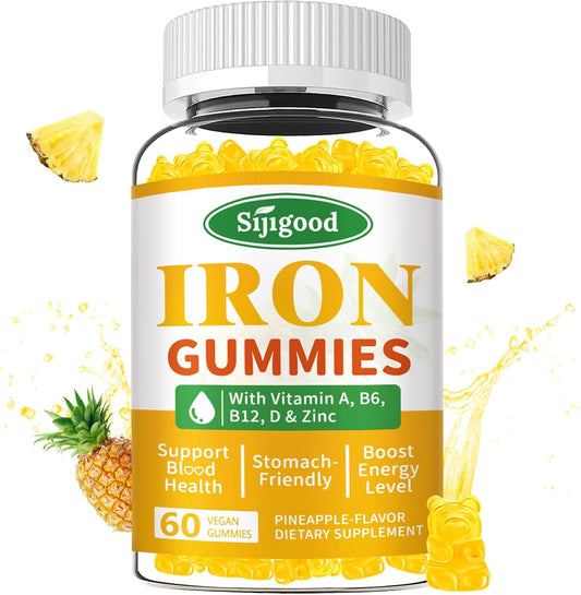 Vegan Iron Gummies with Vitamin B12 & C for Anemia & Energy Boost - Pineapple Flavor, 60 Count