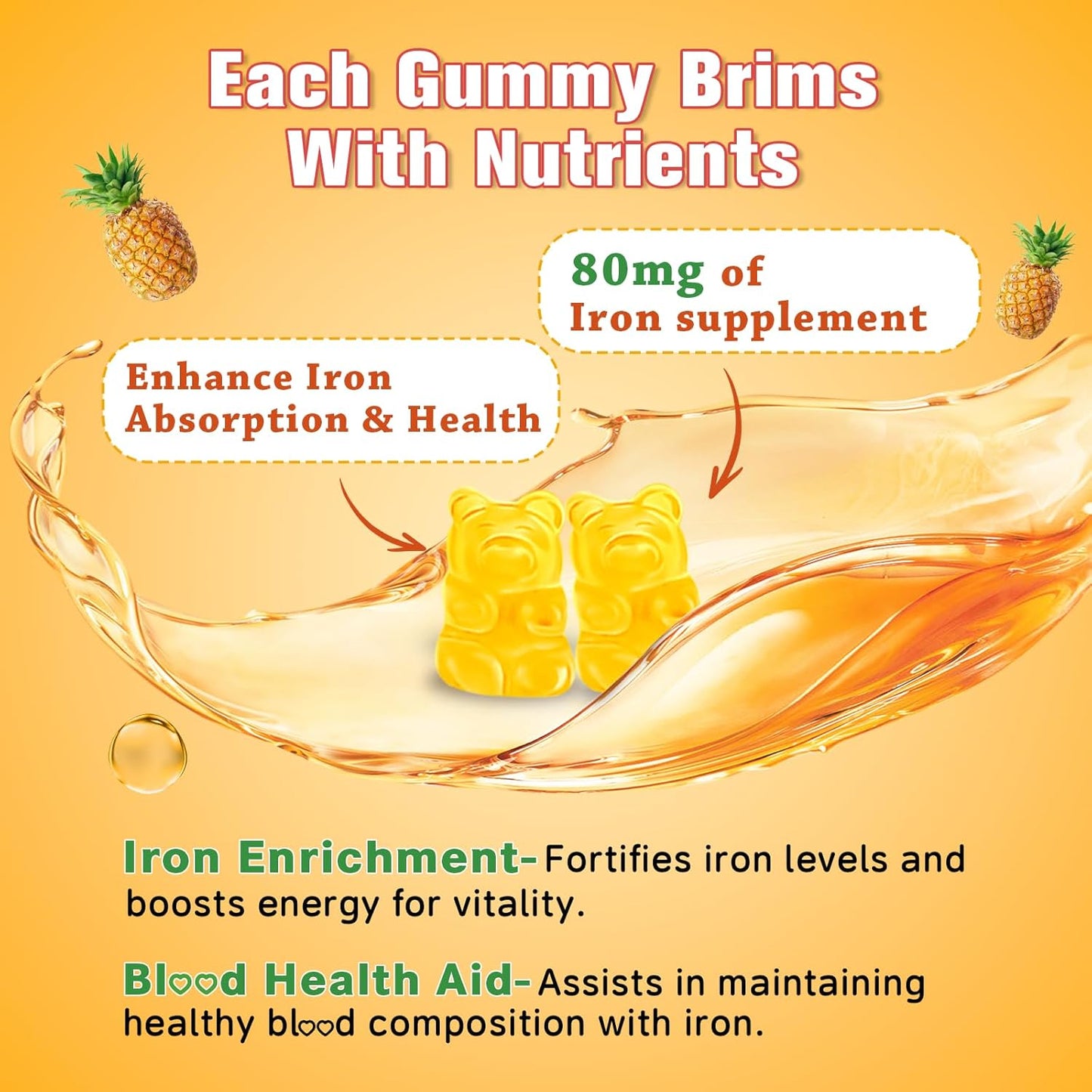 Vegan Iron Gummies with Vitamin B12 & C for Anemia & Energy Boost - Pineapple Flavor, 60 Count