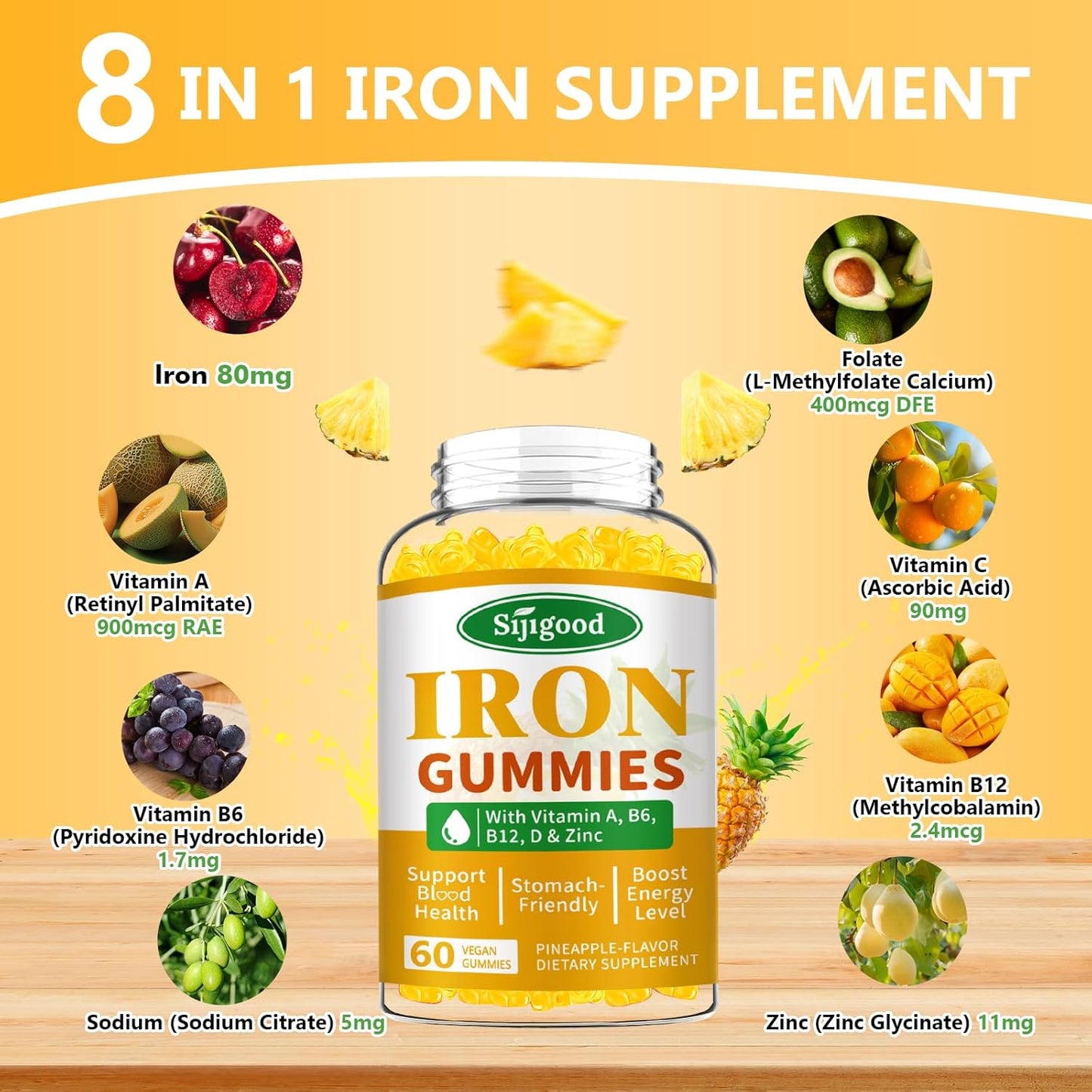 Vegan Iron Gummies with Vitamin B12 & C for Anemia & Energy Boost - Pineapple Flavor, 60 Count