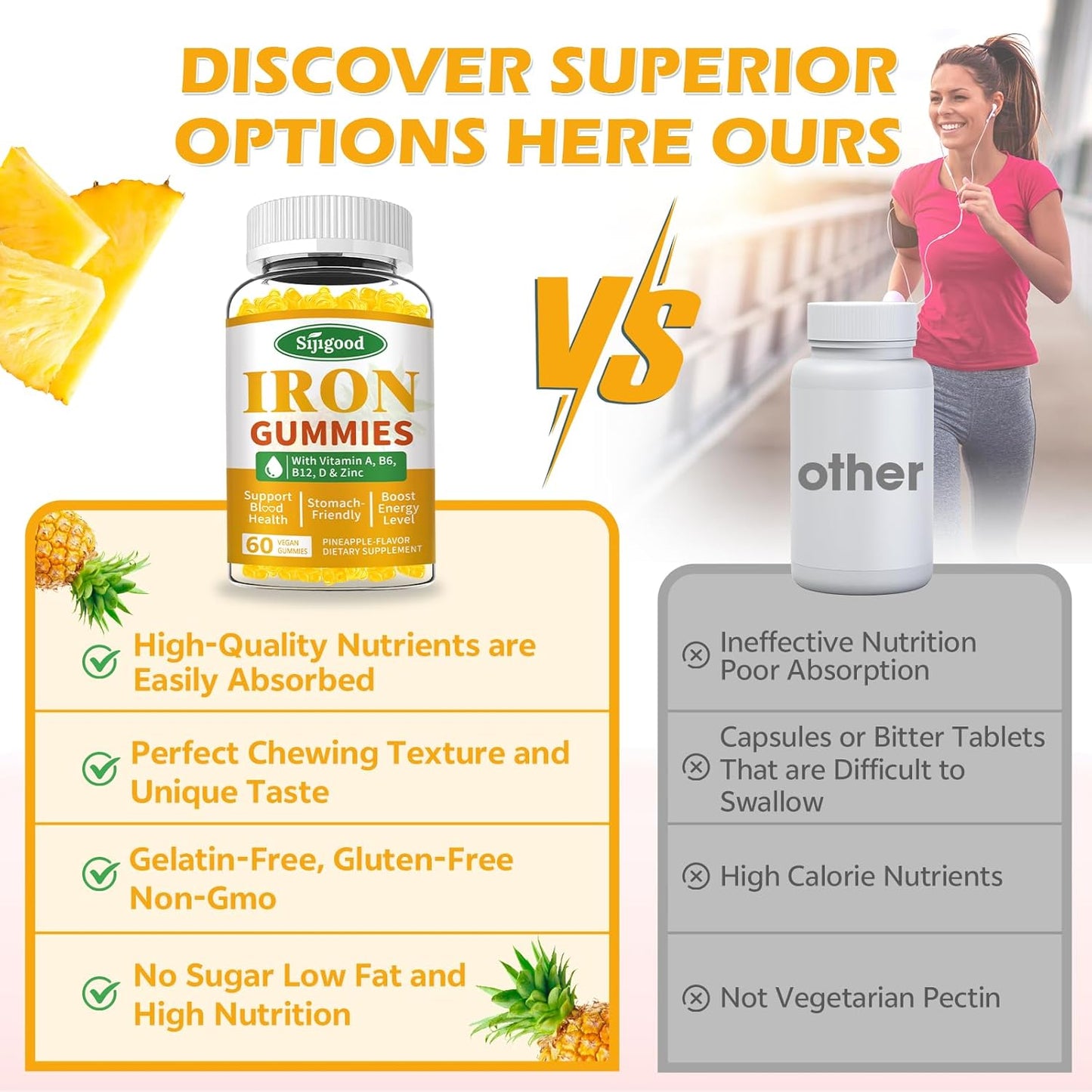 Vegan Iron Gummies with Vitamin B12 & C for Anemia & Energy Boost - Pineapple Flavor, 60 Count