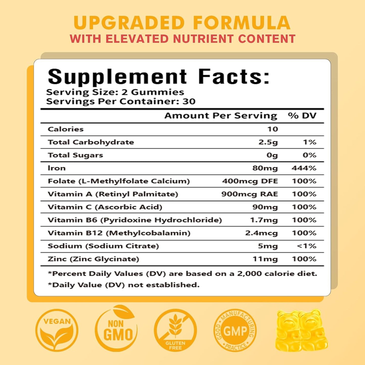 Vegan Iron Gummies with Vitamin B12 & C for Anemia & Energy Boost - Pineapple Flavor, 60 Count