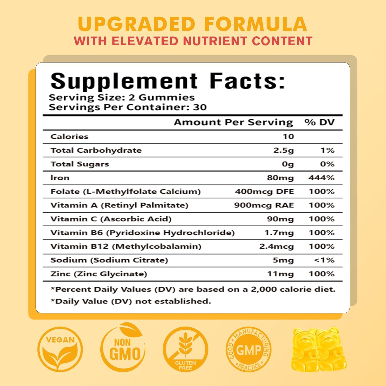 Vegan Iron Gummies with Vitamin B12 & C for Anemia & Energy Boost - Pineapple Flavor, 60 Count