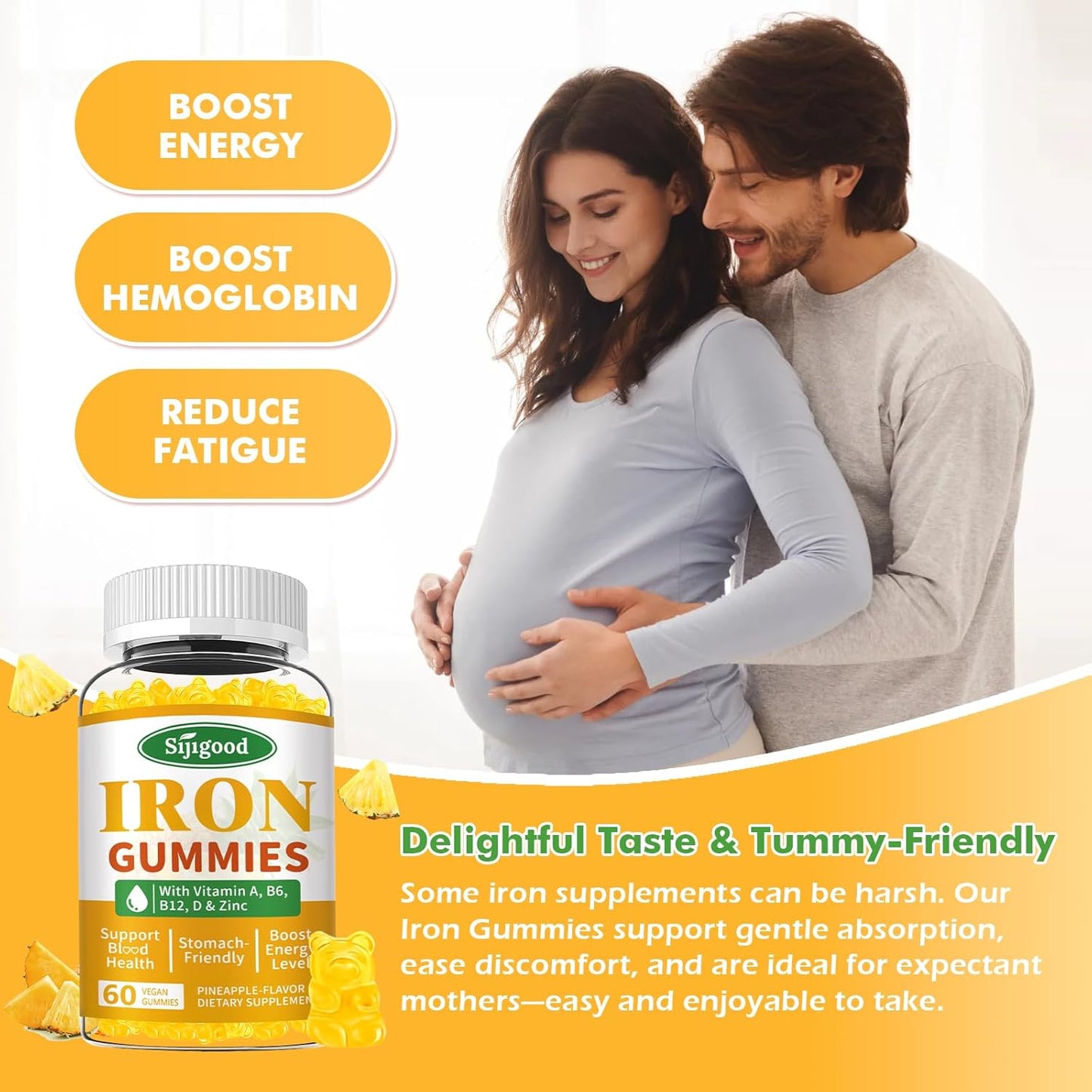 Vegan Iron Gummies with Vitamin B12 & C for Anemia & Energy Boost - Pineapple Flavor, 60 Count