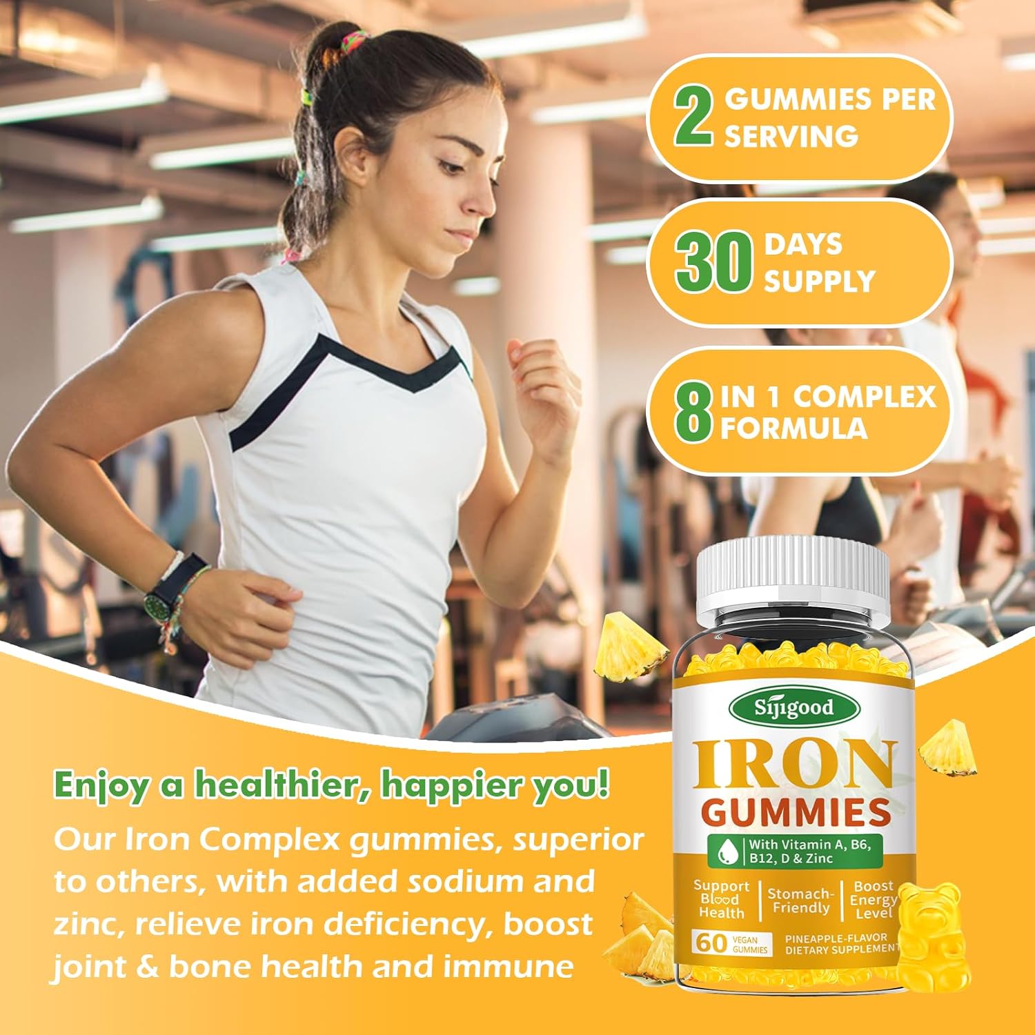 Vegan Iron Gummies with Vitamin B12 & C for Anemia & Energy Boost - Pineapple Flavor, 60 Count