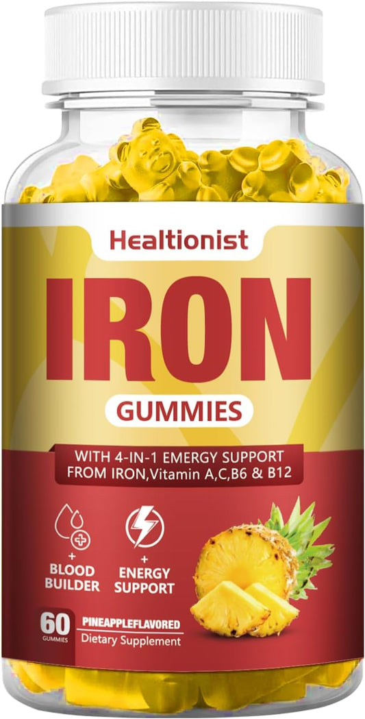 Vegan Iron Gummies with Vitamin C, A, B - Blood Builder & Energy Support - 60 Count Pineapple Flavor - Healtionist