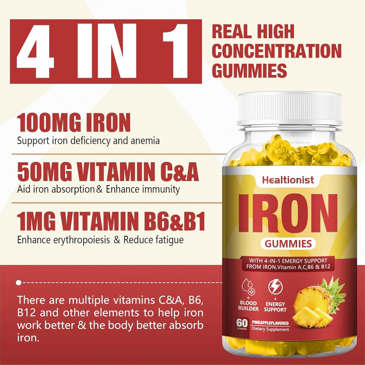 Vegan Iron Gummies with Vitamin C, A, B - Blood Builder & Energy Support - 60 Count Pineapple Flavor - Healtionist