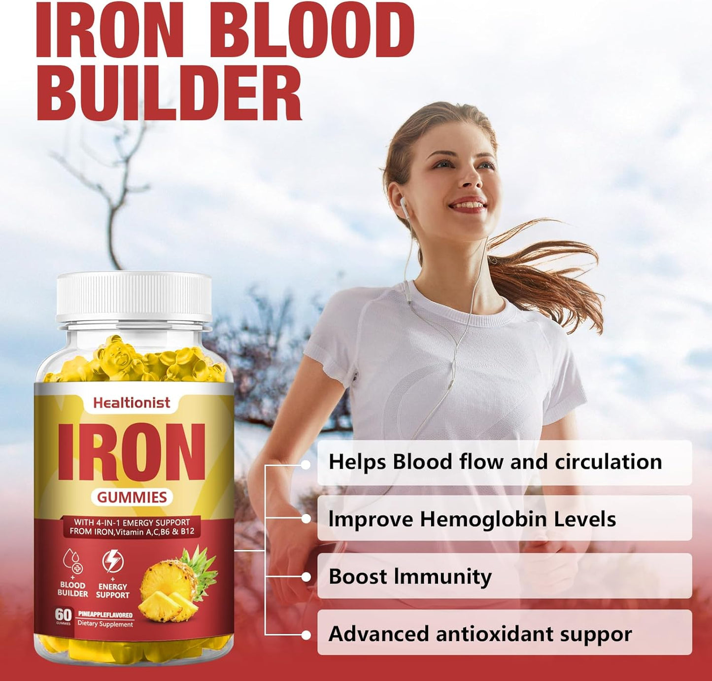 Vegan Iron Gummies with Vitamin C, A, B - Blood Builder & Energy Support - 60 Count Pineapple Flavor - Healtionist