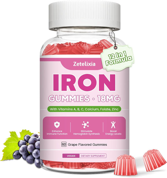 Vegan Iron Gummies with Vitamin C, B Complex, Folate, Beet Root, CoQ10, Zinc - 60ct - Blood Builder & Energy Support for Adults & Kids