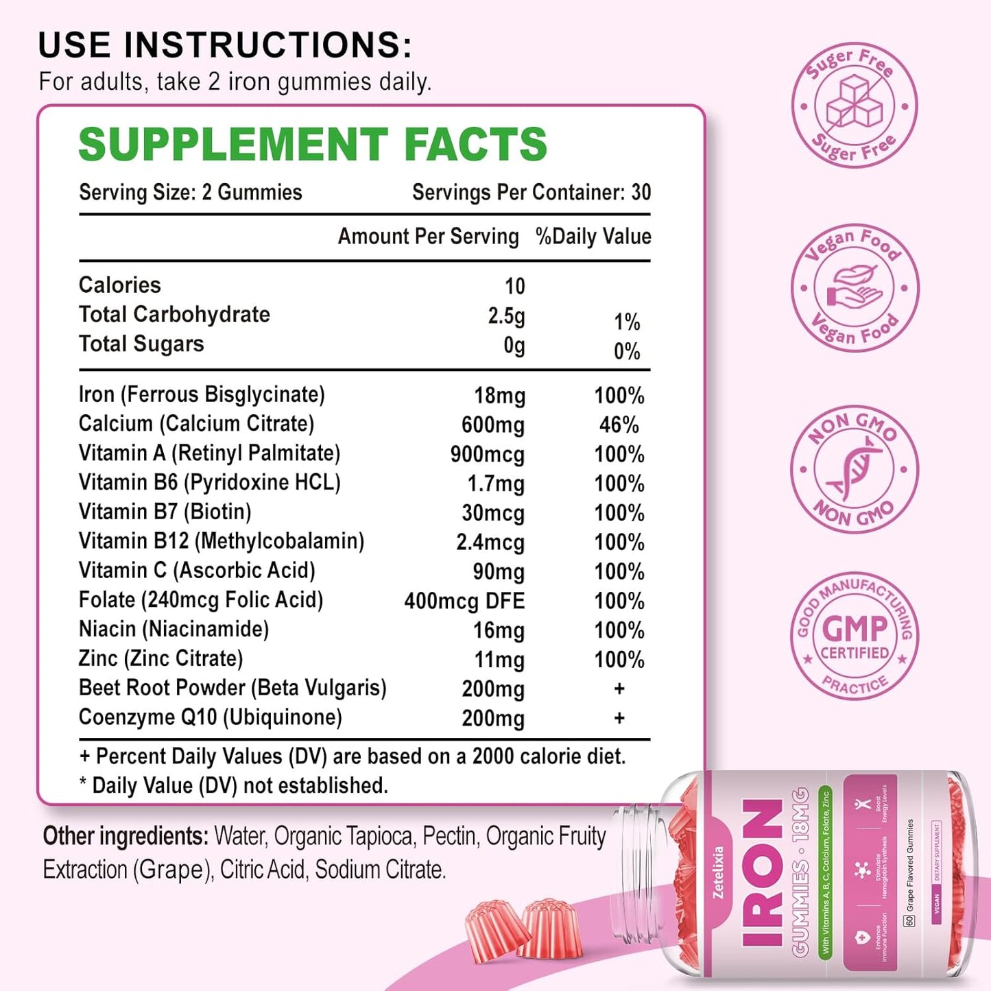 Vegan Iron Gummies with Vitamin C, B Complex, Folate, Beet Root, CoQ10, Zinc - 60ct - Blood Builder & Energy Support for Adults & Kids