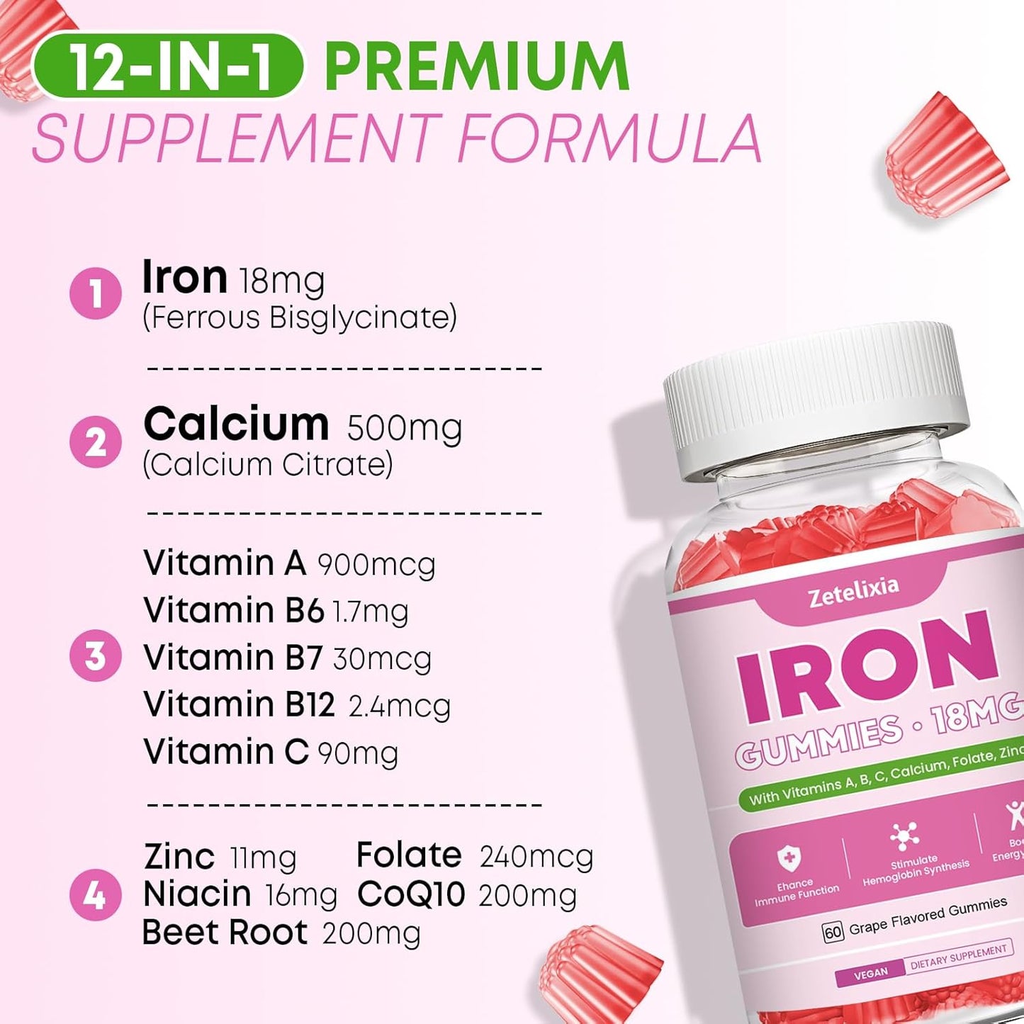 Vegan Iron Gummies with Vitamin C, B Complex, Folate, Beet Root, CoQ10, Zinc - 60ct - Blood Builder & Energy Support for Adults & Kids