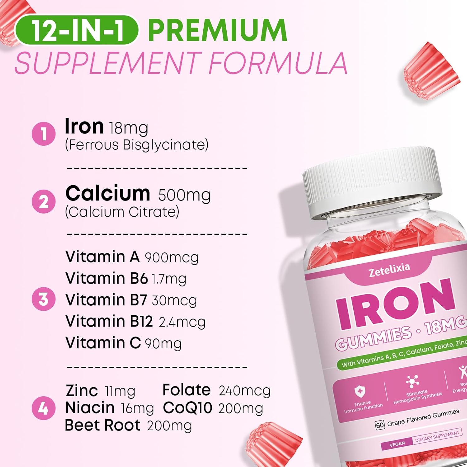 Vegan Iron Gummies with Vitamin C, B Complex, Folate, Beet Root, CoQ10, Zinc - 60ct - Blood Builder & Energy Support for Adults & Kids