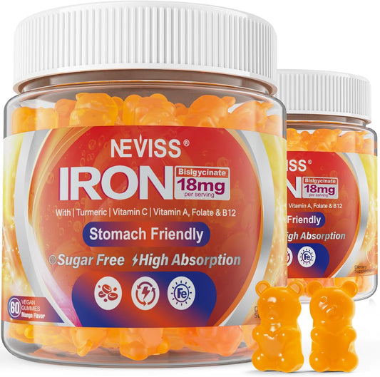 Vegan Iron Gummies with Vitamin C, B12, Folate & Turmeric - Energy & Immune Support - Gentle Iron Bisglycinate Supplement - 2 Pack