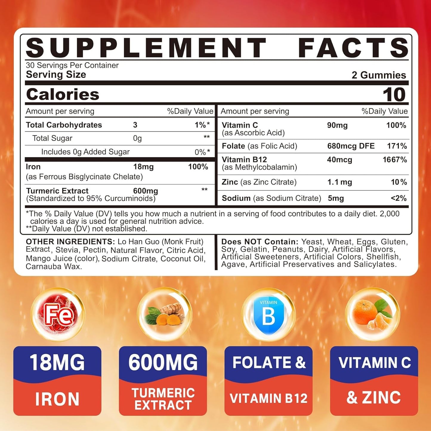 Vegan Iron Gummies with Vitamin C, B12, Folate & Turmeric - Energy & Immune Support - Gentle Iron Bisglycinate Supplement - 2 Pack