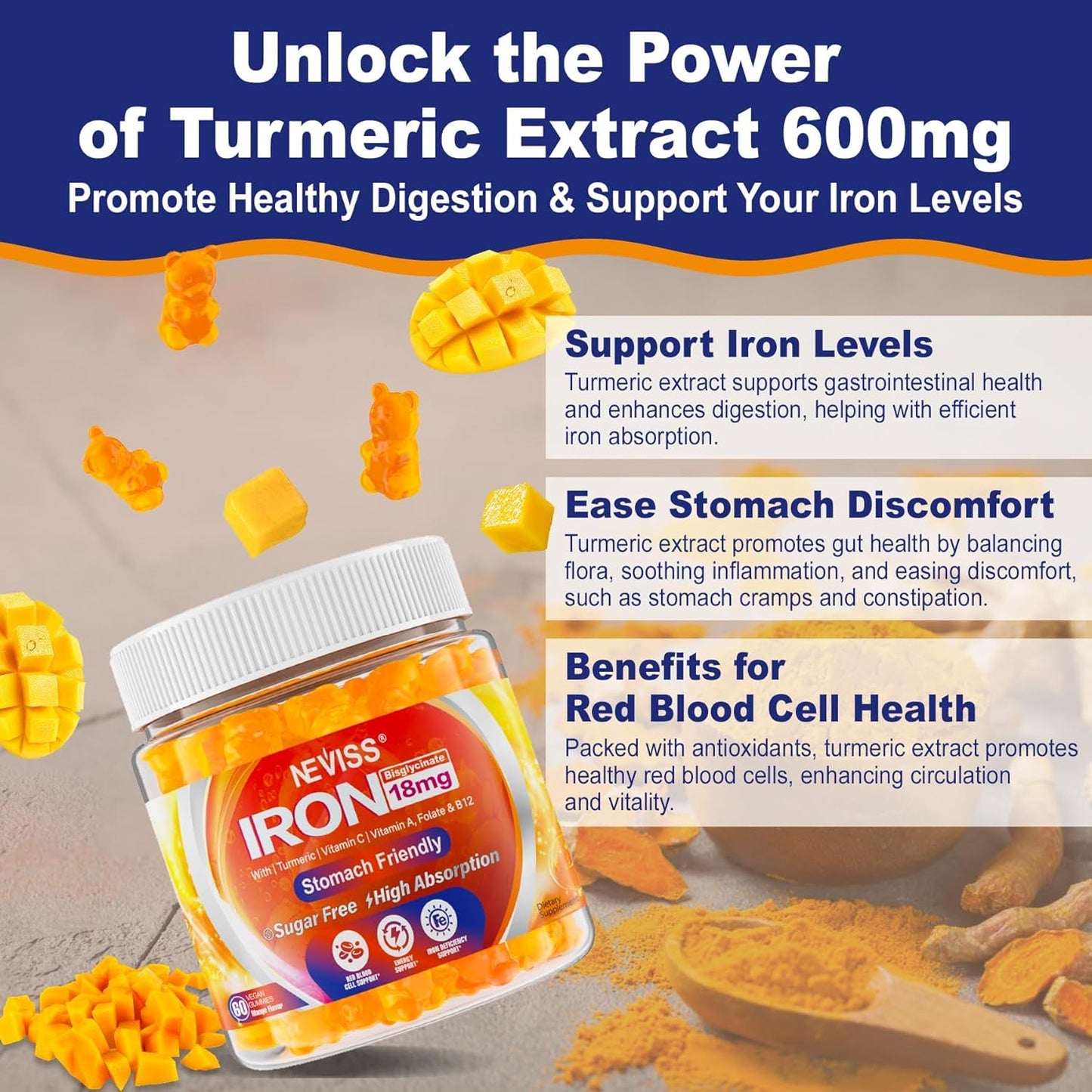 Vegan Iron Gummies with Vitamin C, B12, Folate & Turmeric - Energy & Immune Support - Gentle Iron Bisglycinate Supplement - 2 Pack