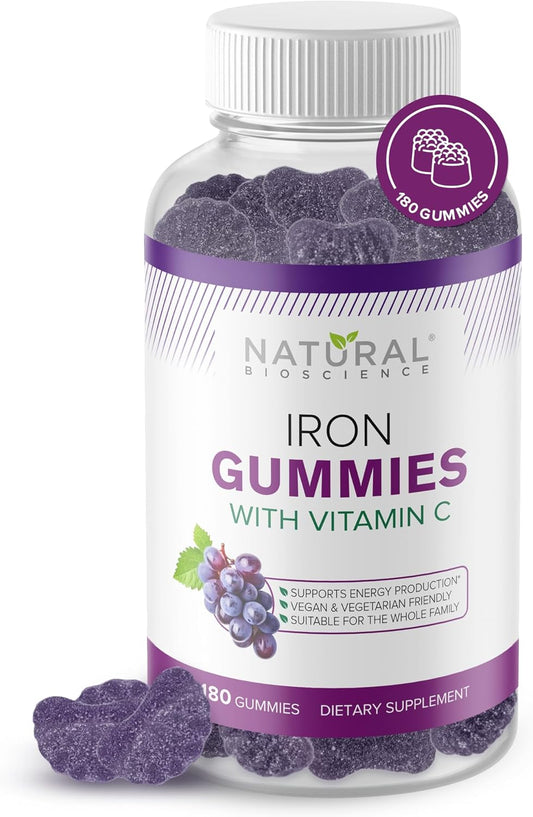 Vegan Iron Gummies with Vitamin C for Anemia Support - Grape Flavored Chewable Supplement for Energy, Immune Function, and Brain Health - 180 Gummies
