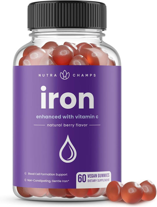 Vegan Iron Gummies with Vitamin C for Energy & Immune Support - 60 Gummies, 20mg Iron for Anemia & Focus, Blood Cell Formation Boost