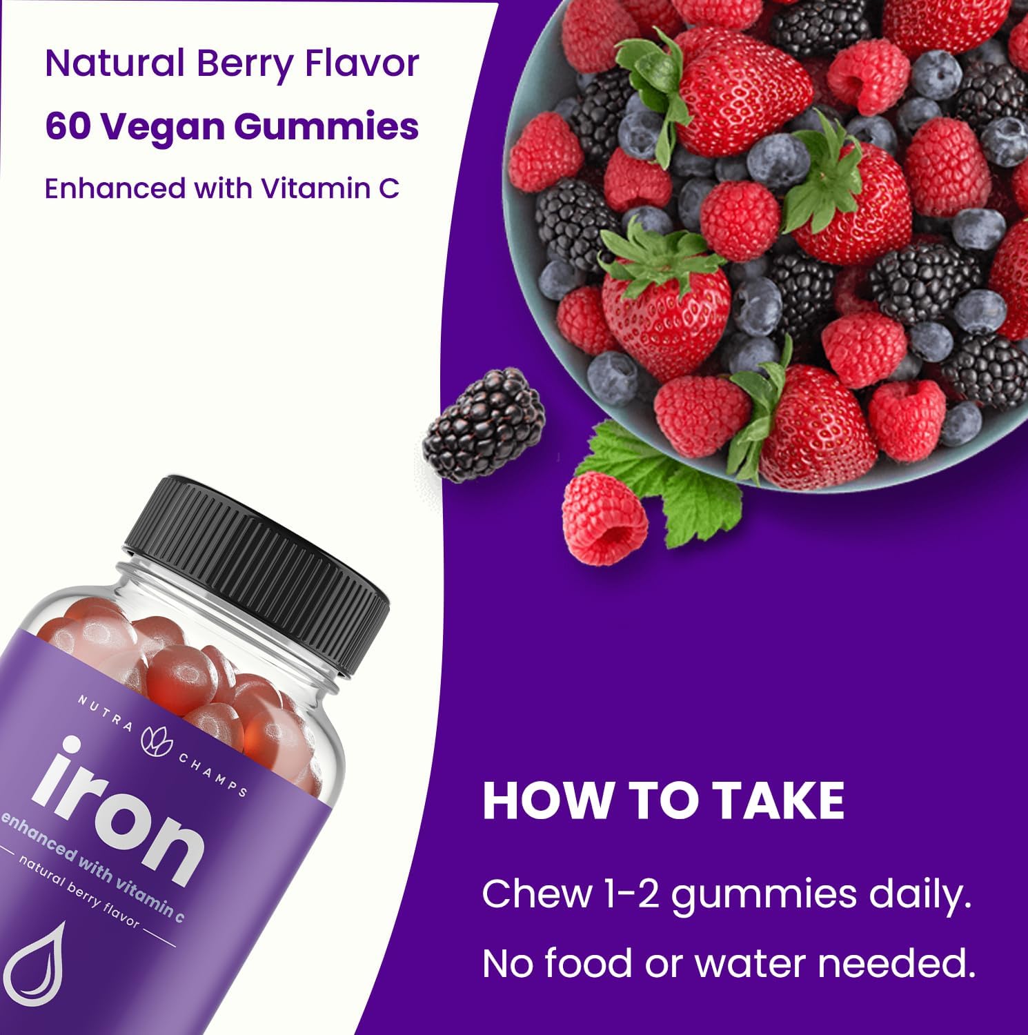 Vegan Iron Gummies with Vitamin C for Energy & Immune Support - 60 Gummies, 20mg Iron for Anemia & Focus, Blood Cell Formation Boost
