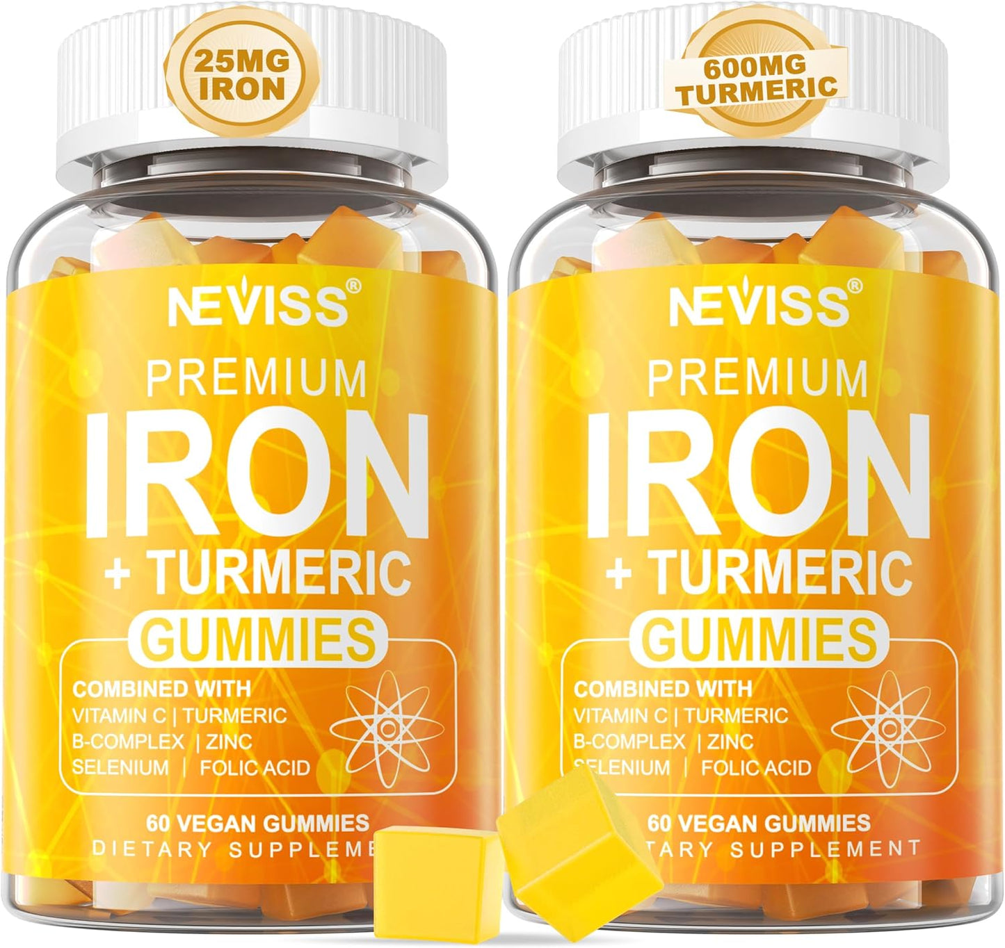 Vegan Iron Gummy Vitamins with Carbonyl Iron, Vitamin C, A, B6, B12, Folate, Turmeric Extract - Energy, Immune & Red Blood Cell Support - 120Cts