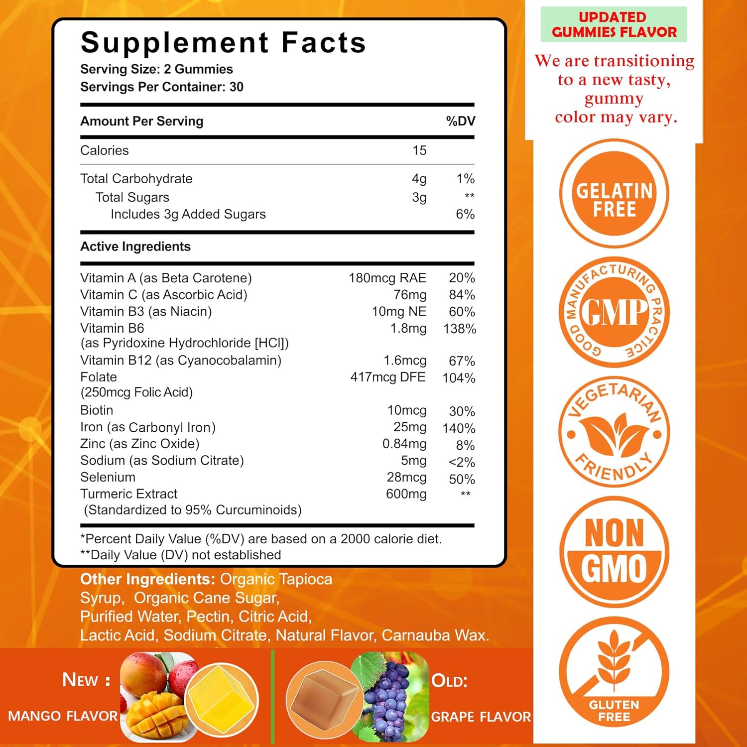 Vegan Iron Gummy Vitamins with Carbonyl Iron, Vitamin C, A, B6, B12, Folate, Turmeric Extract - Energy, Immune & Red Blood Cell Support - 120Cts
