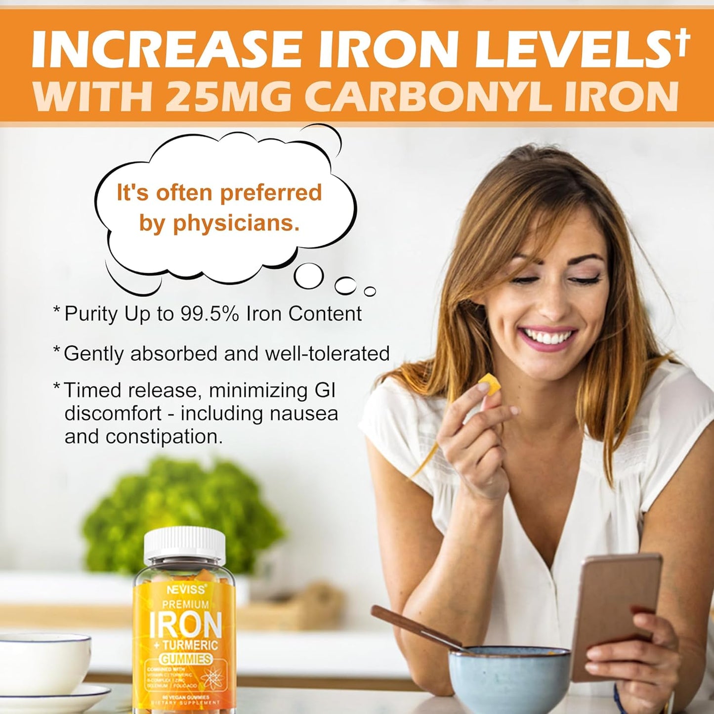 Vegan Iron Gummy Vitamins with Carbonyl Iron, Vitamin C, A, B6, B12, Folate, Turmeric Extract - Energy, Immune & Red Blood Cell Support - 120Cts