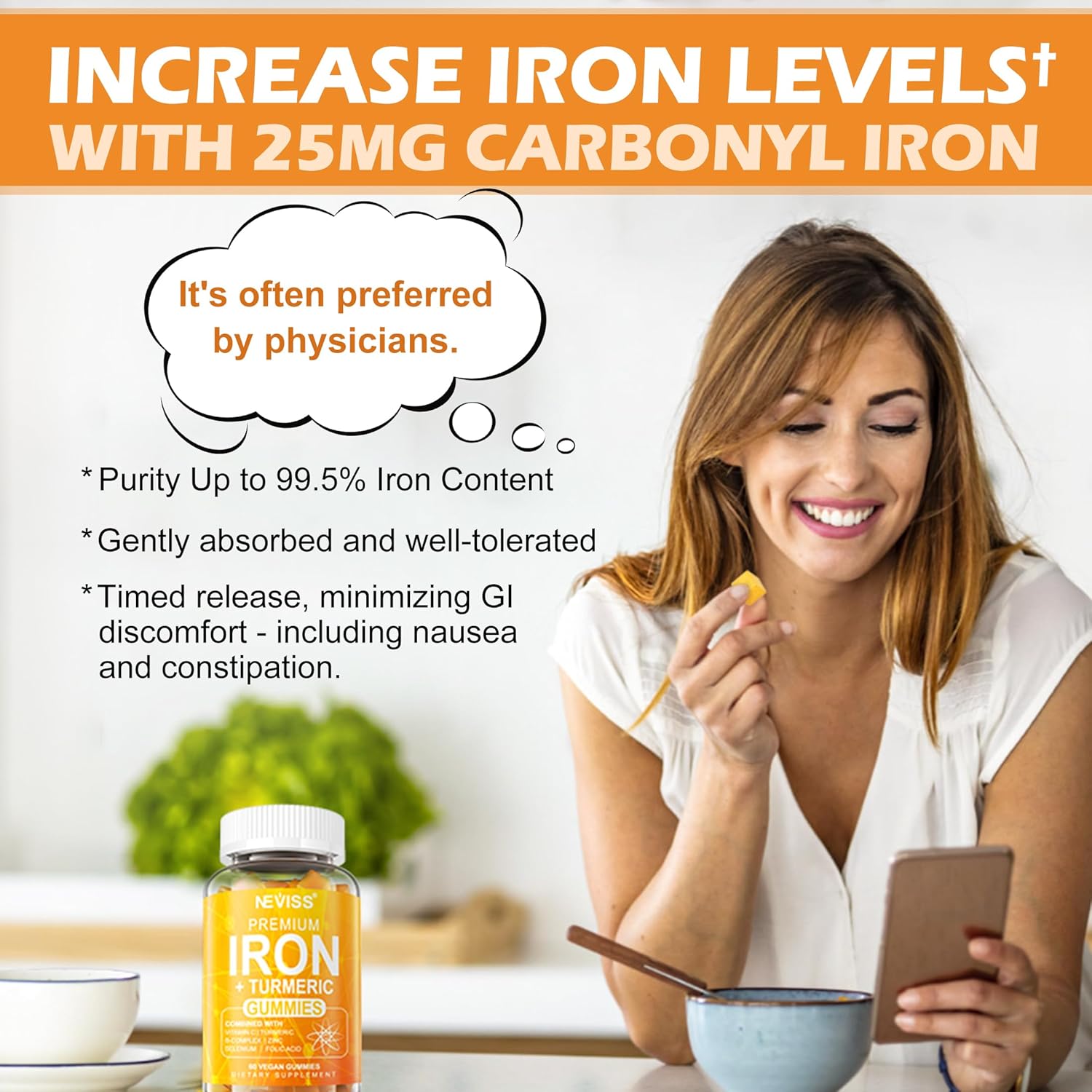 Vegan Iron Gummy Vitamins with Carbonyl Iron, Vitamin C, A, B6, B12, Folate, Turmeric Extract - Energy, Immune & Red Blood Cell Support - 120Cts