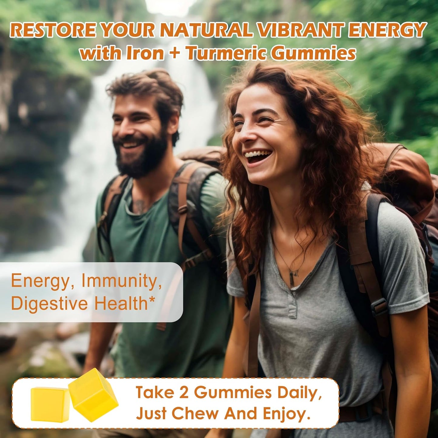 Vegan Iron Gummy Vitamins with Carbonyl Iron, Vitamin C, A, B6, B12, Folate, Turmeric Extract - Energy, Immune & Red Blood Cell Support - 120Cts