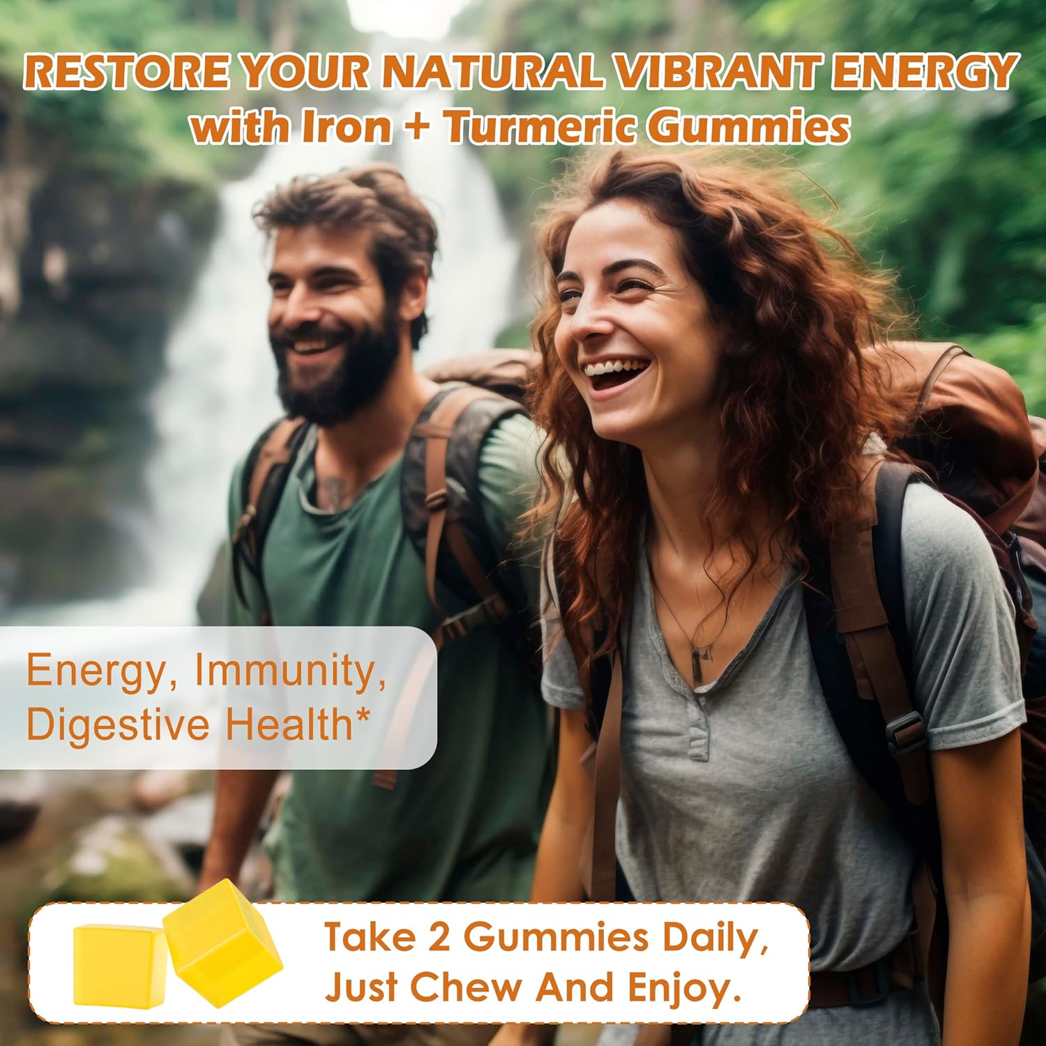 Vegan Iron Gummy Vitamins with Carbonyl Iron, Vitamin C, A, B6, B12, Folate, Turmeric Extract - Energy, Immune & Red Blood Cell Support - 120Cts