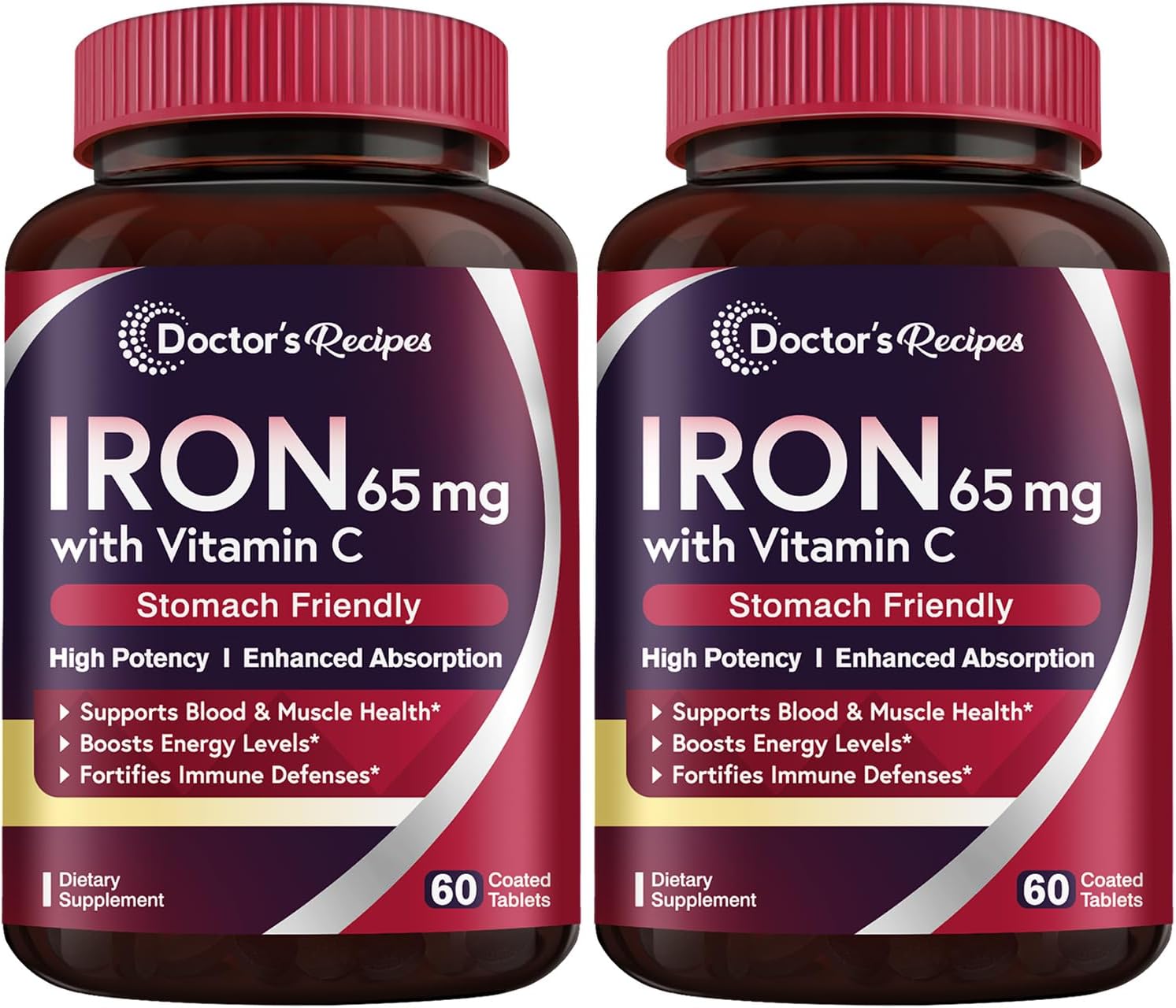Vegan Iron Supplement 65 mg with Vitamin C for Improved Absorption and Red Blood Cell Formation - 120 Tabs x 2 Pack for Heart, Brain, and Immune Health