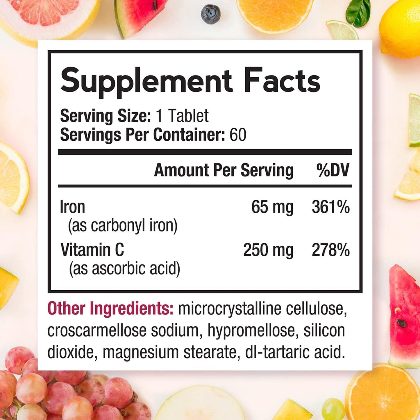 Vegan Iron Supplement 65 mg with Vitamin C for Improved Absorption and Red Blood Cell Formation - 120 Tabs x 2 Pack for Heart, Brain, and Immune Health