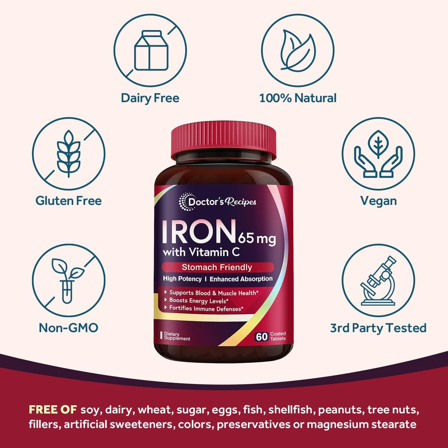 Vegan Iron Supplement 65 mg with Vitamin C for Improved Absorption and Red Blood Cell Formation - 120 Tabs x 2 Pack for Heart, Brain, and Immune Health