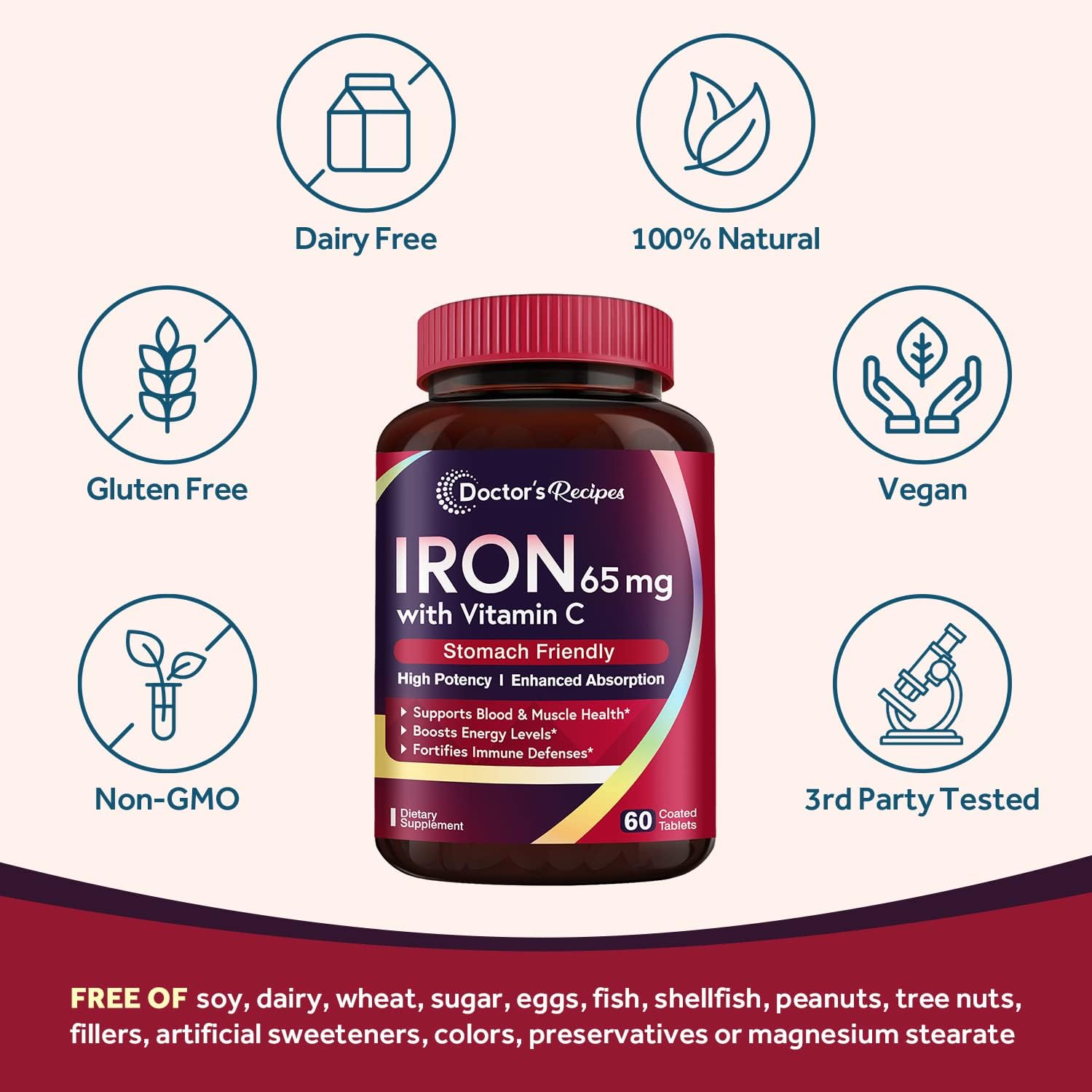 Vegan Iron Supplement 65 mg with Vitamin C for Improved Absorption and Red Blood Cell Formation - 120 Tabs x 2 Pack for Heart, Brain, and Immune Health