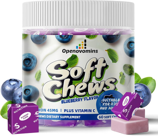 Vegan Iron Supplement Chews with Vitamin C for Energy Support - 60 Blueberry SoftChews for Women, Men, and Kids - 2 Month Supply