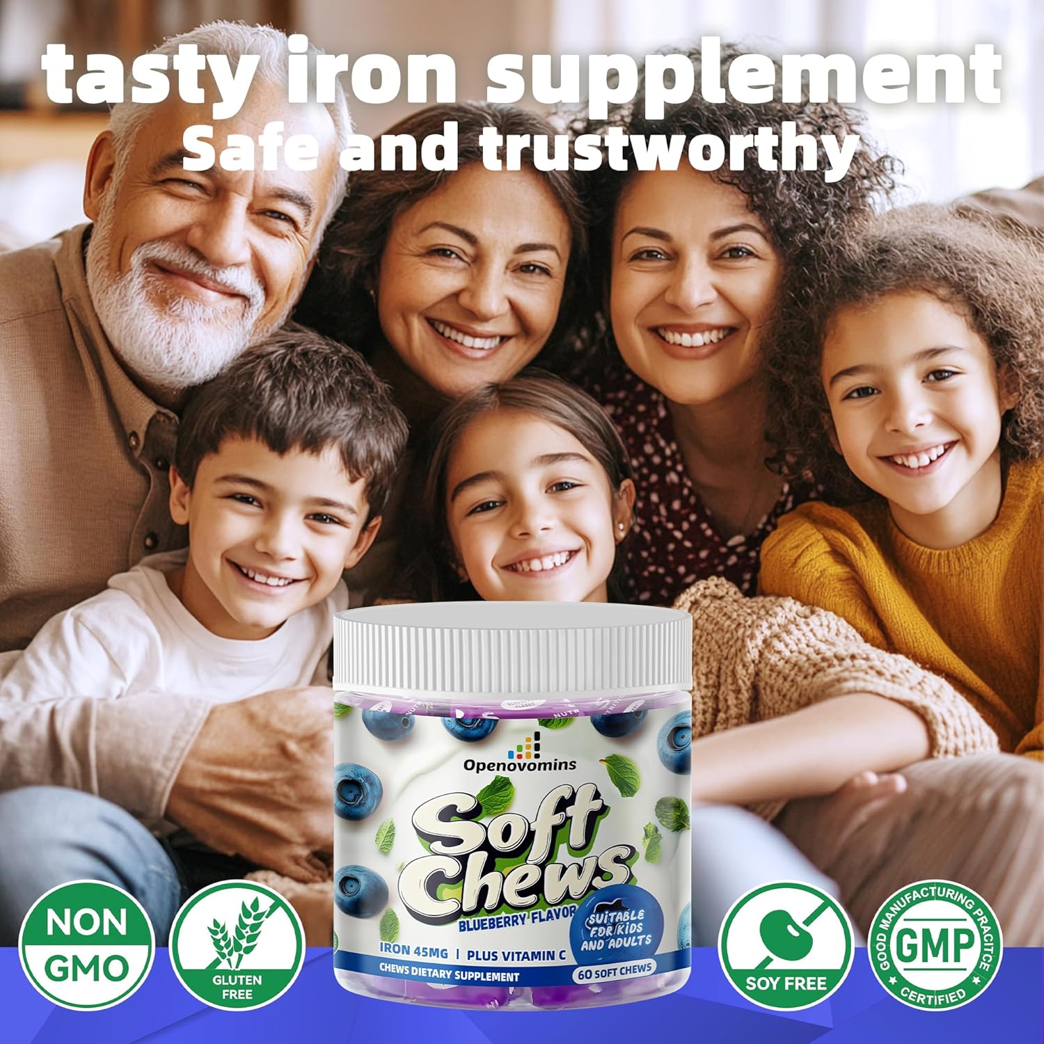 Vegan Iron Supplement Chews with Vitamin C for Energy Support - 60 Blueberry SoftChews for Women, Men, and Kids - 2 Month Supply