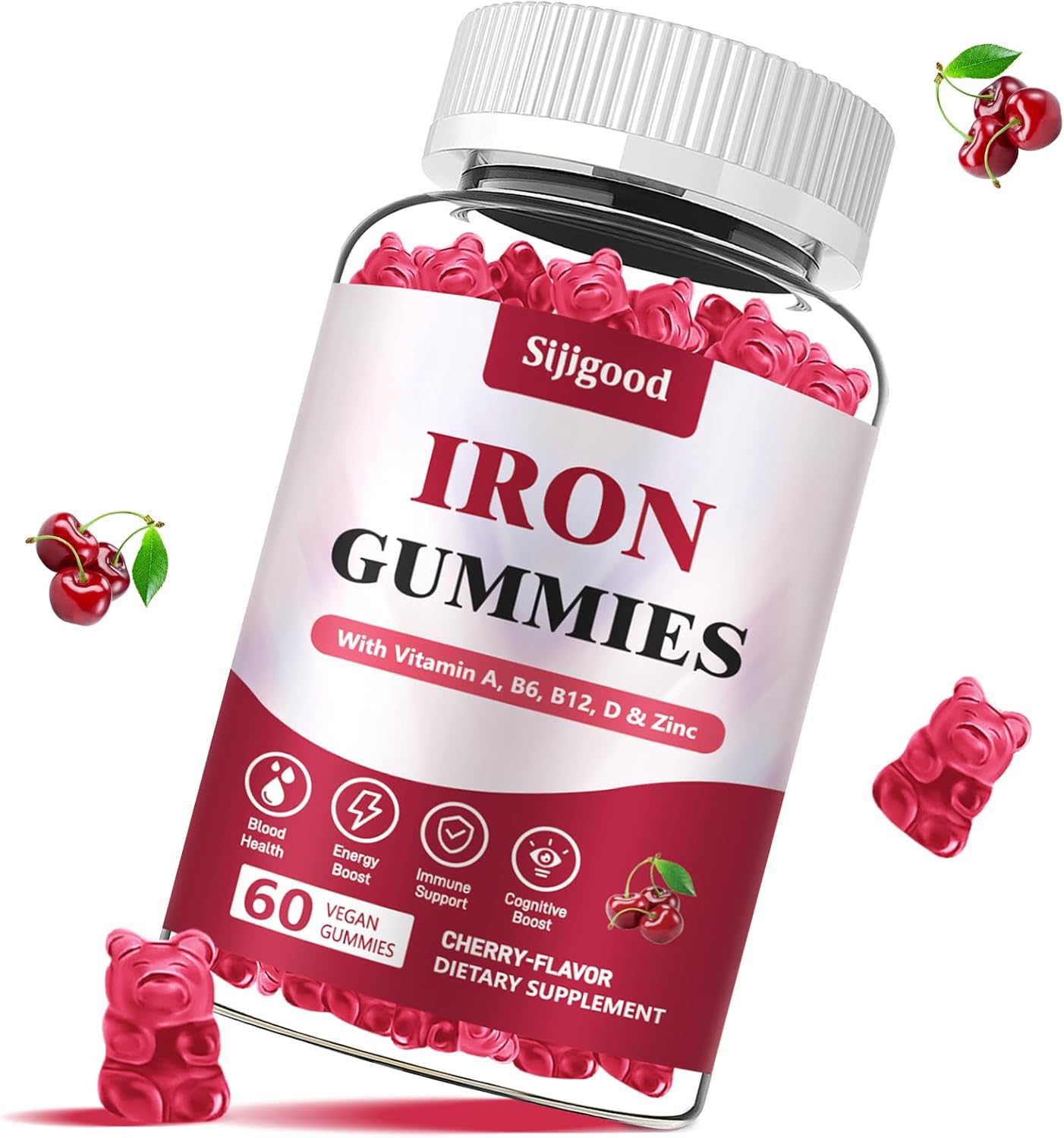 Vegan Iron Supplement for Women with Vitamin A, C, B6, B12, Folate, and Zinc - Energy Boost, Sugar Free, Cherry Flavor - 60 Count