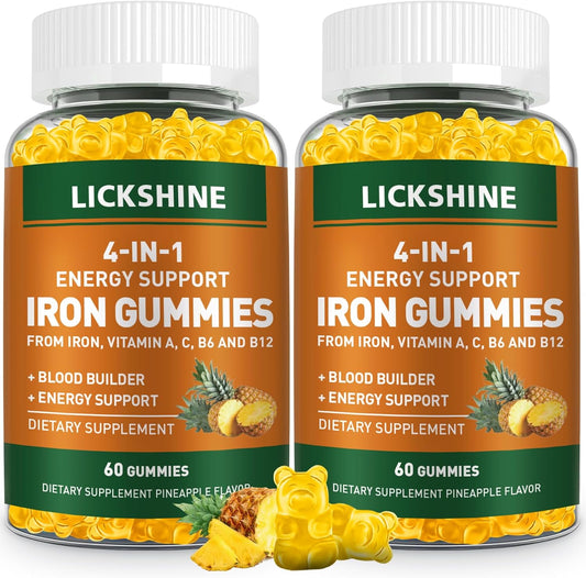 Vegan Iron Supplement Gummies 2 Pack - 100MG with Vitamins for Adults & Kids - Blood Builder & Energy Support - Peach Flavor (120 Ct)