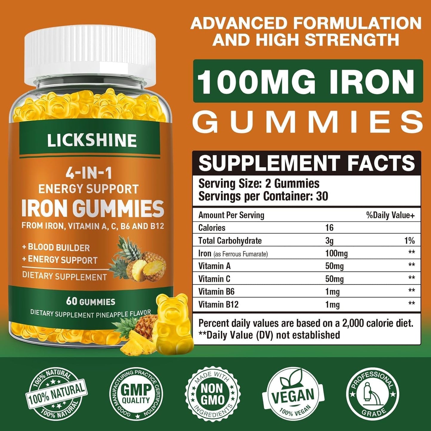 Vegan Iron Supplement Gummies 2 Pack - 100MG with Vitamins for Adults & Kids - Blood Builder & Energy Support - Peach Flavor (120 Ct)