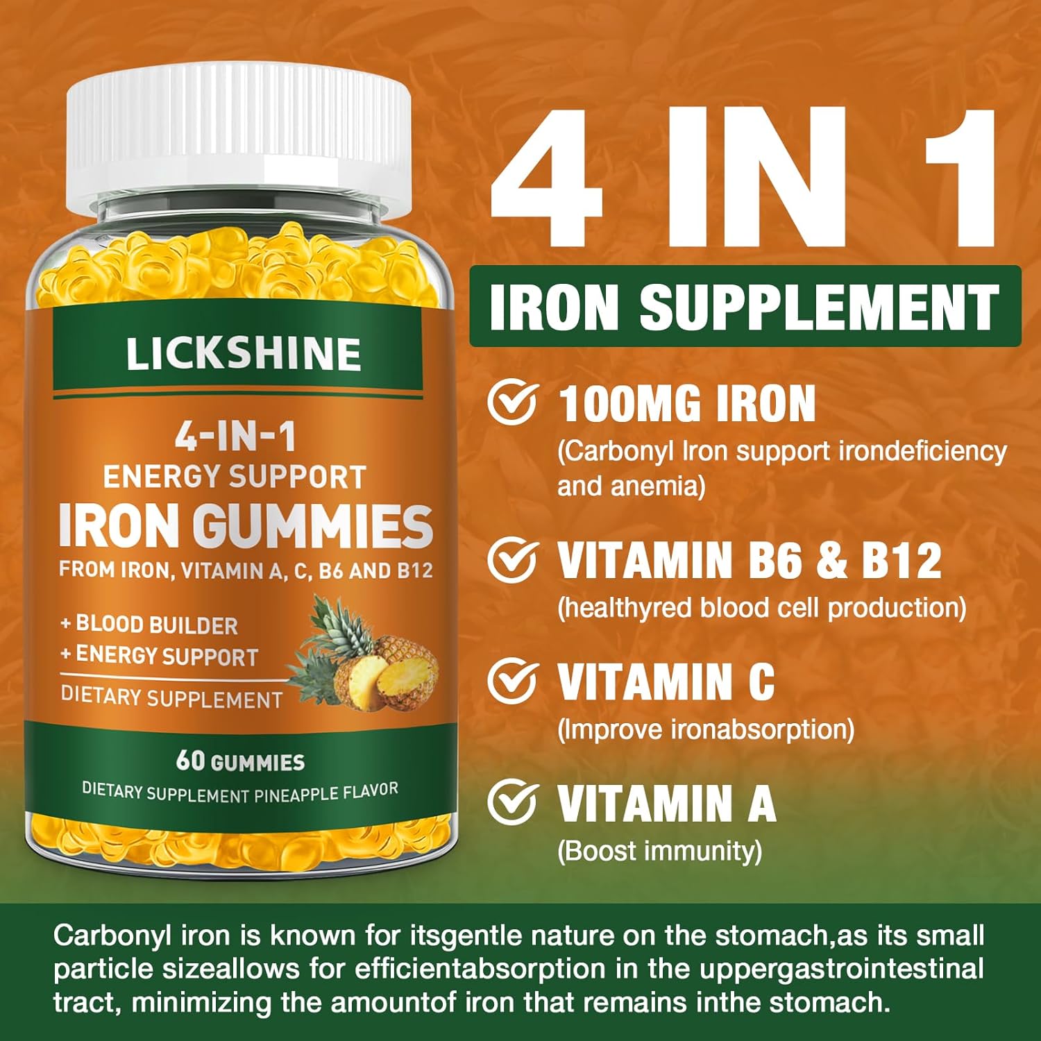 Vegan Iron Supplement Gummies 2 Pack - 100MG with Vitamins for Adults & Kids - Blood Builder & Energy Support - Peach Flavor (120 Ct)