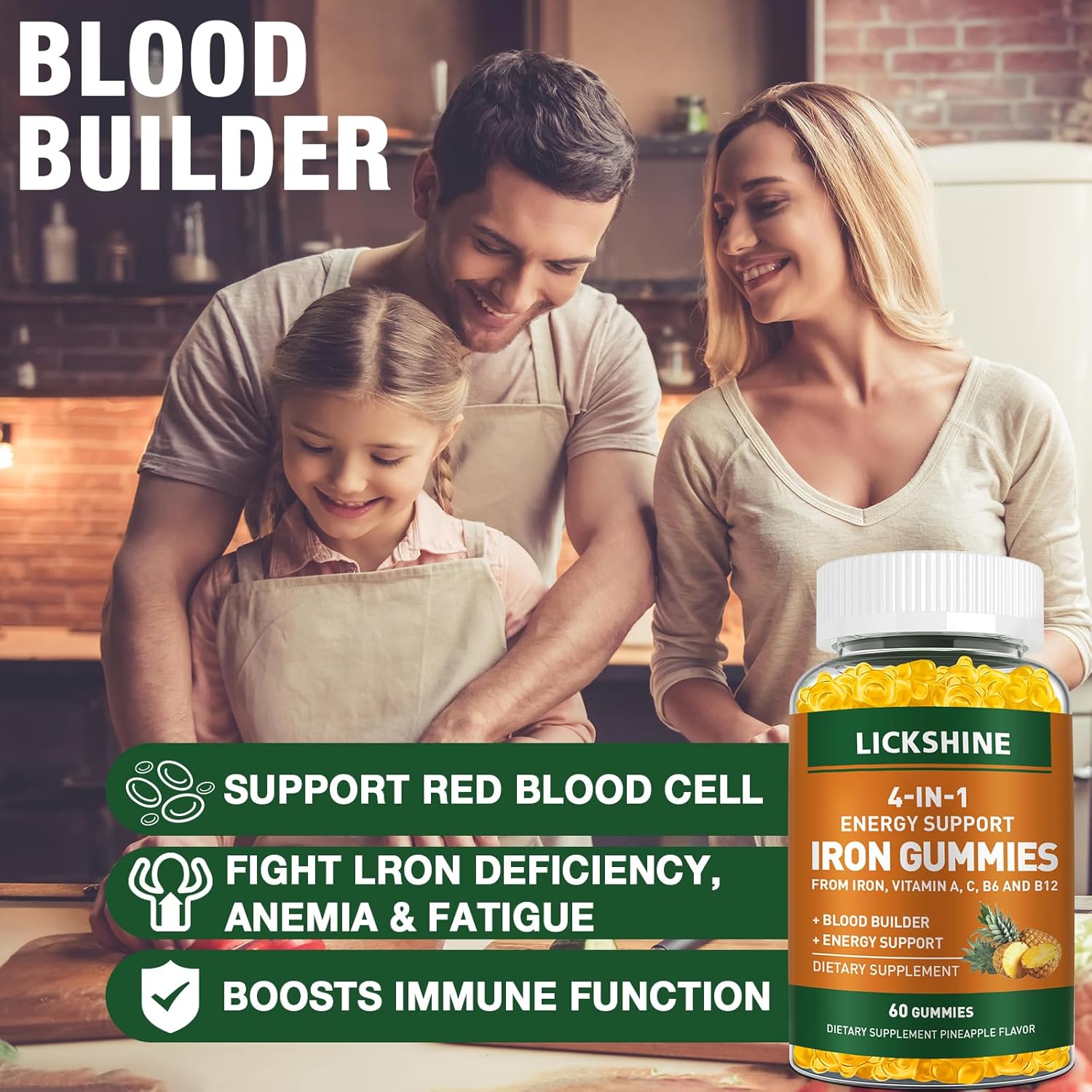 Vegan Iron Supplement Gummies 2 Pack - 100MG with Vitamins for Adults & Kids - Blood Builder & Energy Support - Peach Flavor (120 Ct)