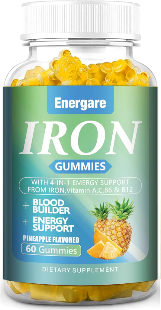 Vegan Iron Supplement Gummies with Vitamin A, C, B - Blood Builder & Energy Support - Pineapple Flavor - 60 Count