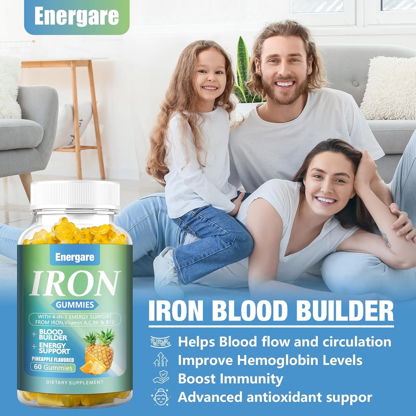 Vegan Iron Supplement Gummies with Vitamin A, C, B - Blood Builder & Energy Support - Pineapple Flavor - 60 Count