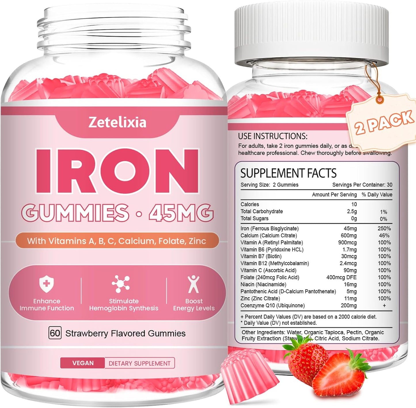 Vegan Iron Supplement Gummies with Vitamins for Energy Support, Anemia, 2 Pack, 120 Count