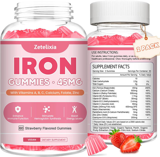 Vegan Iron Supplement Gummies with Vitamins for Energy Support, Anemia, 2 Pack, 120 Count