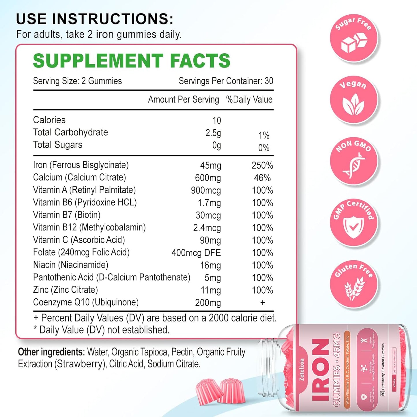 Vegan Iron Supplement Gummies with Vitamins for Energy Support, Anemia, 2 Pack, 120 Count