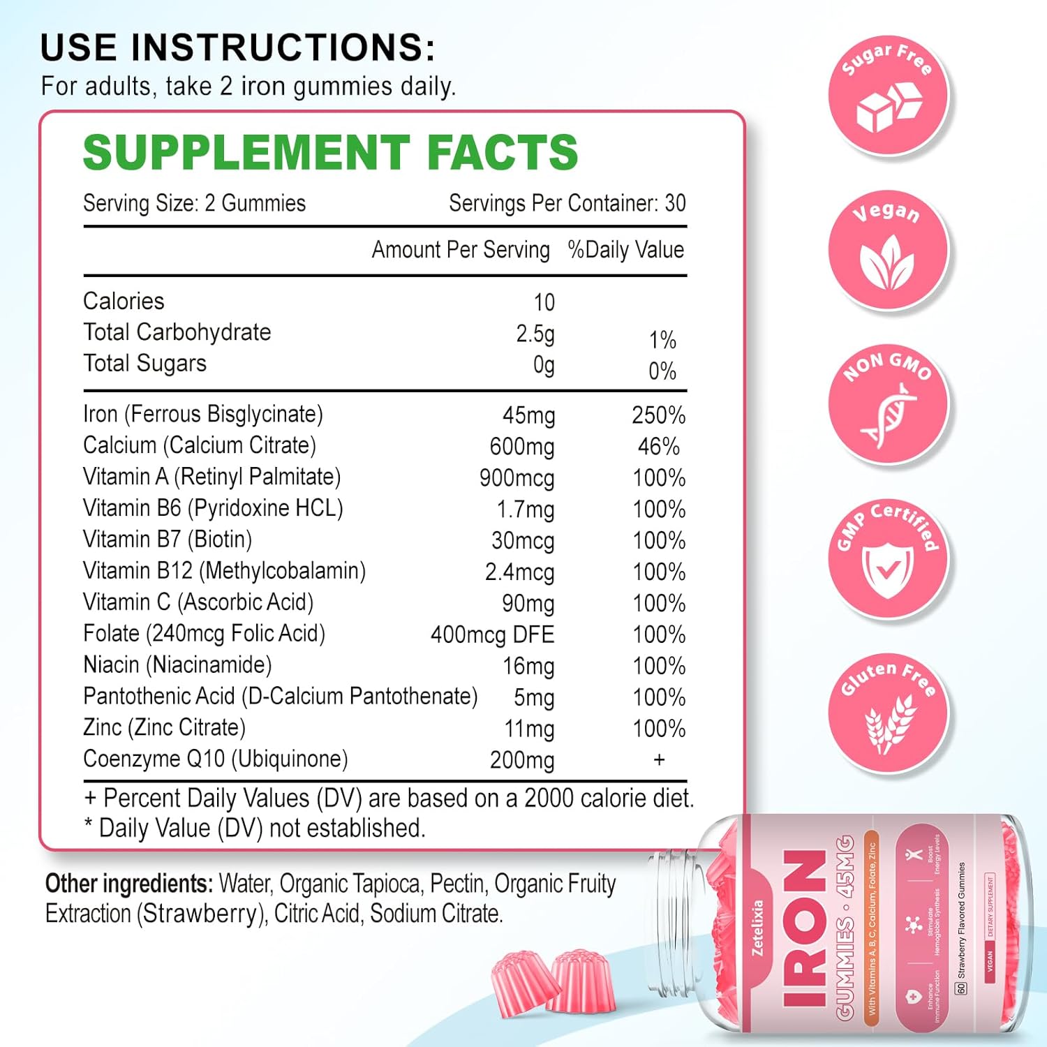 Vegan Iron Supplement Gummies with Vitamins for Energy Support, Anemia, 2 Pack, 120 Count